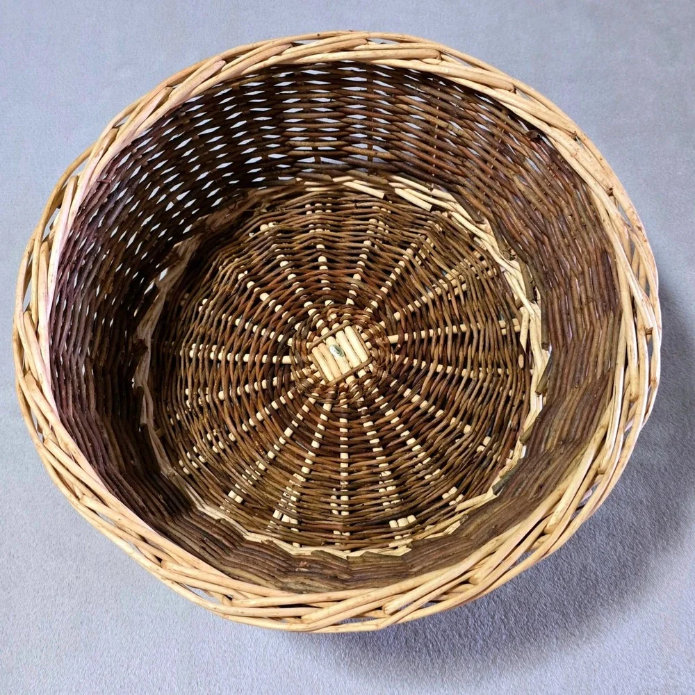 Vintage Round Wicker Serving Basket 12 in Clear Liner Two Tone Woven